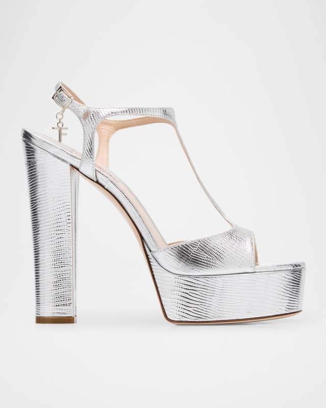 Metallic T-Strap Platform Sandals